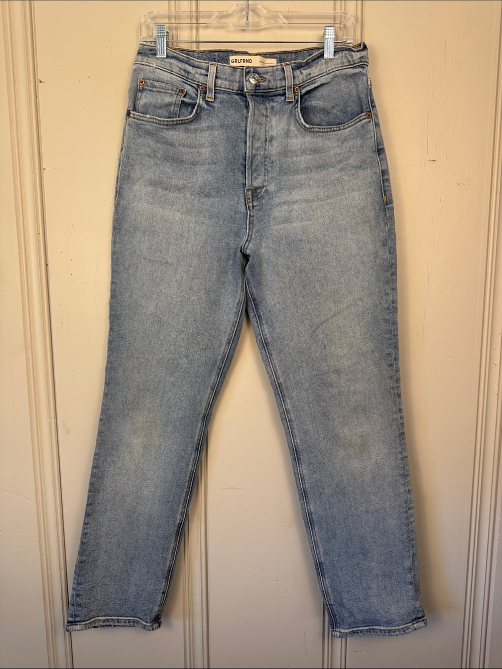 GRLFRND Straight Leg Jeans Womens 29 High Rise Button Fly Light Wash Denim
